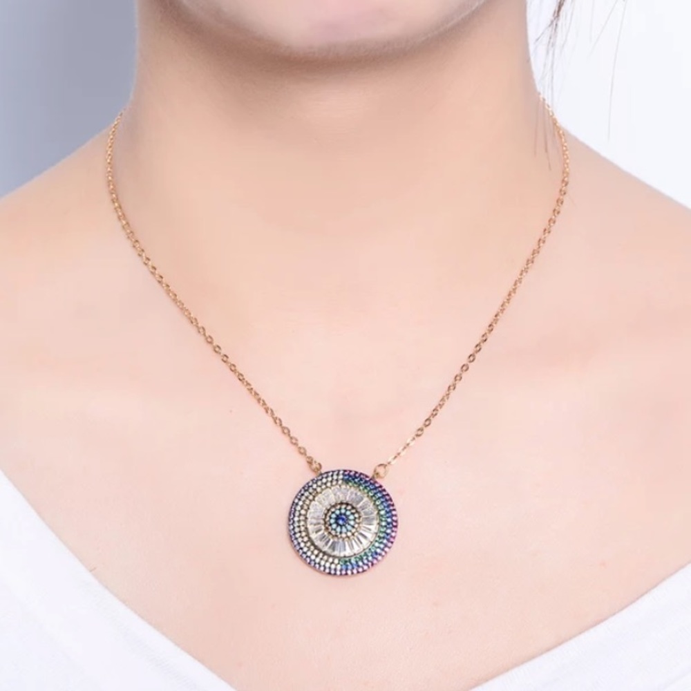 Baguette rainbow CZ evil eye gold necklace - Picture 4 of 6